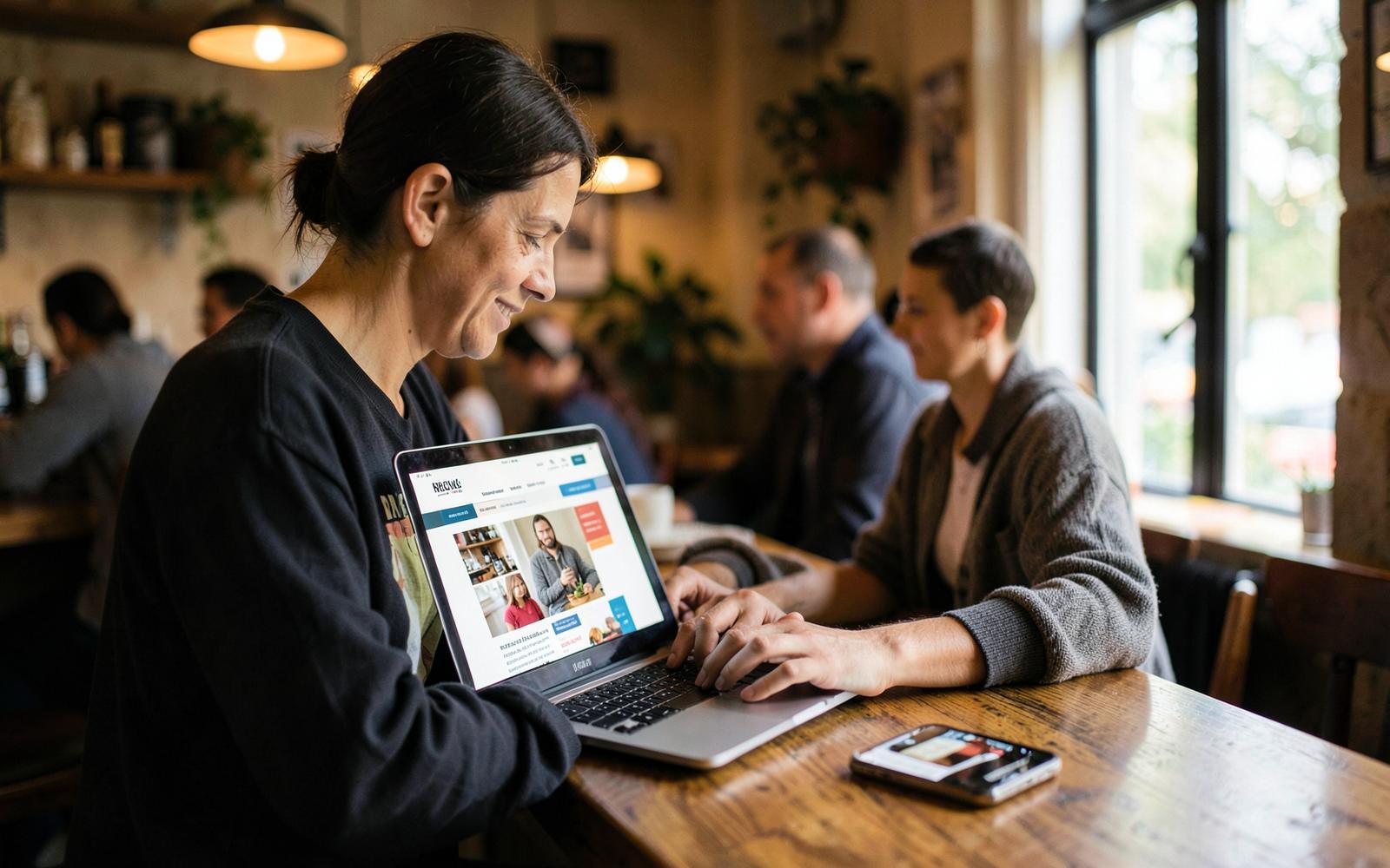 Dueña de un restaurante mirando la web de su local en un portátil